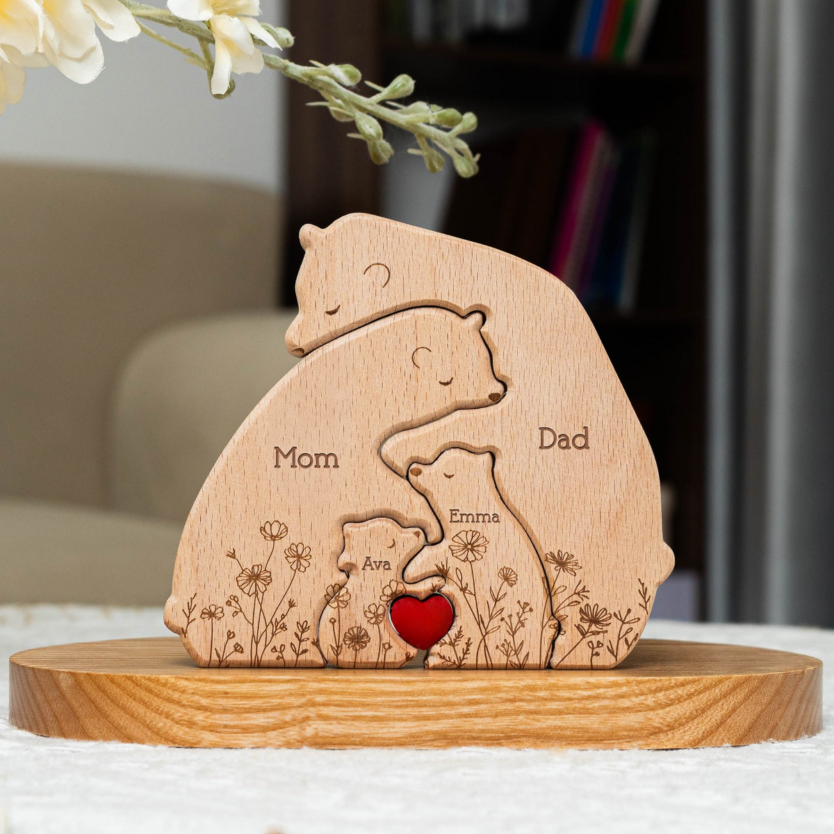 Bear Family Custom Name Floral - Gift for Family Members, Parent, Grandparent, Mom and Dad, Grandma & Grandpa, Mother's Day, Father's Day
