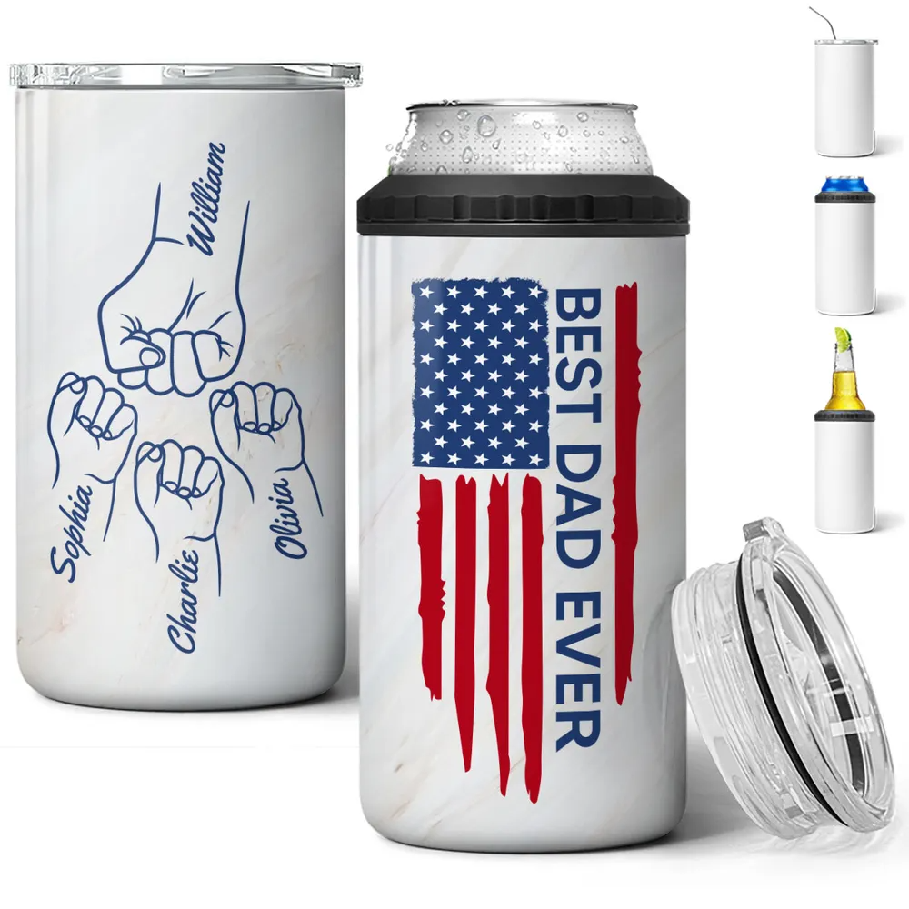 Best Dad Ever Fist Bump Outline Nation Flag - Personalized Can Cooler - Gift For Dad, Grandpa, Father's Day