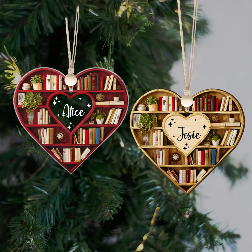 Christmas Heart-Shaped Bookshelf Ornament - Personalized Custom Shaped Ornament - Christmas For Librarian, Book Lovers