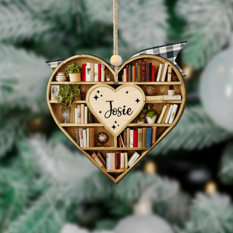 Christmas Heart-Shaped Bookshelf Ornament - Personalized Custom Shaped Ornament - Christmas For Librarian, Book Lovers