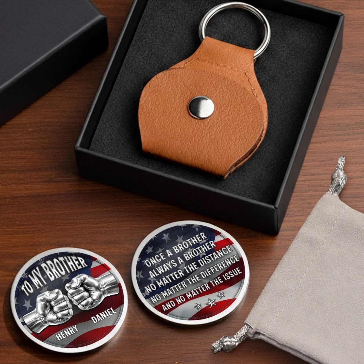 Brotherhood That Never Breaks - Personalized Leather Pocket Hug - America 250th Anniversary, 4th Of July Gifts For Brother