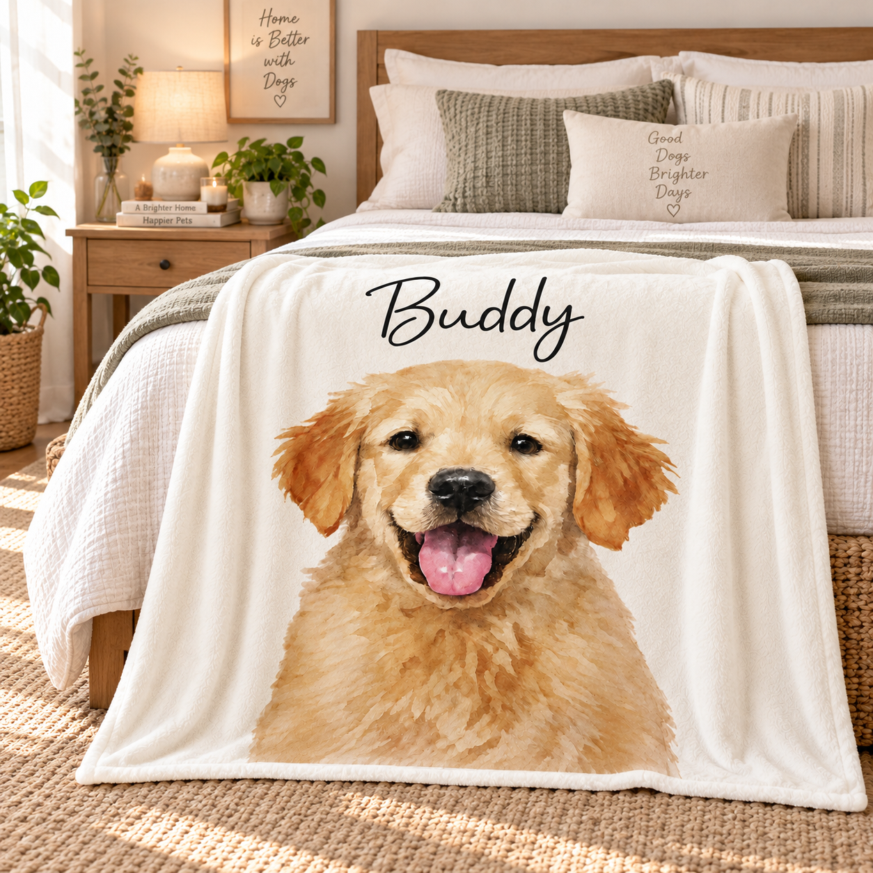 Custom Photo Watercolor Art Dog Cat Pet fleece blanket, spread across a bed