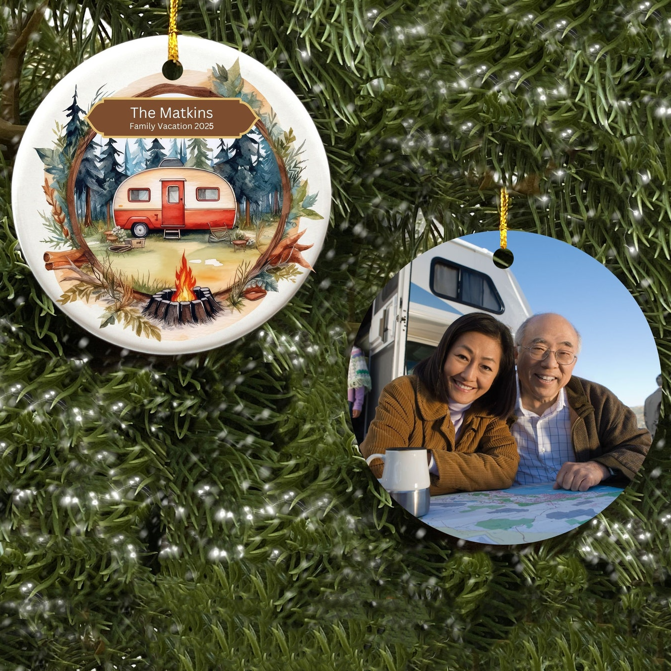 Custom Photo RV Travel Trailer Camping - Personalized Circle Ceramic Ornament - Christmas Gift for Camping Lovers