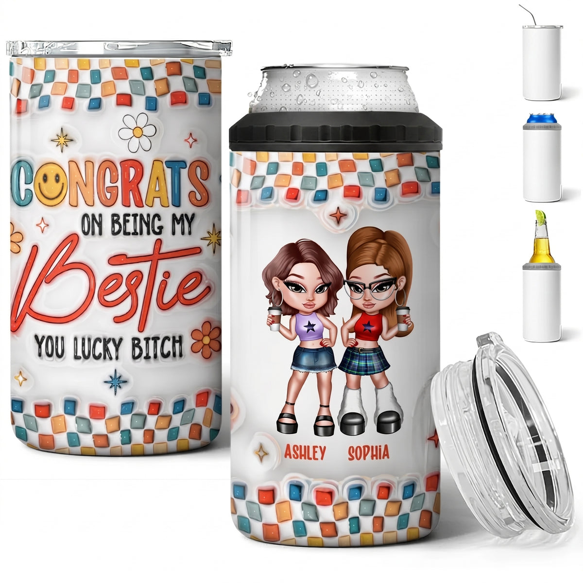Summer Y2K Besties 3D Inflated Effect Print - Personalized Can Cooler - Gift For Besties, Friends