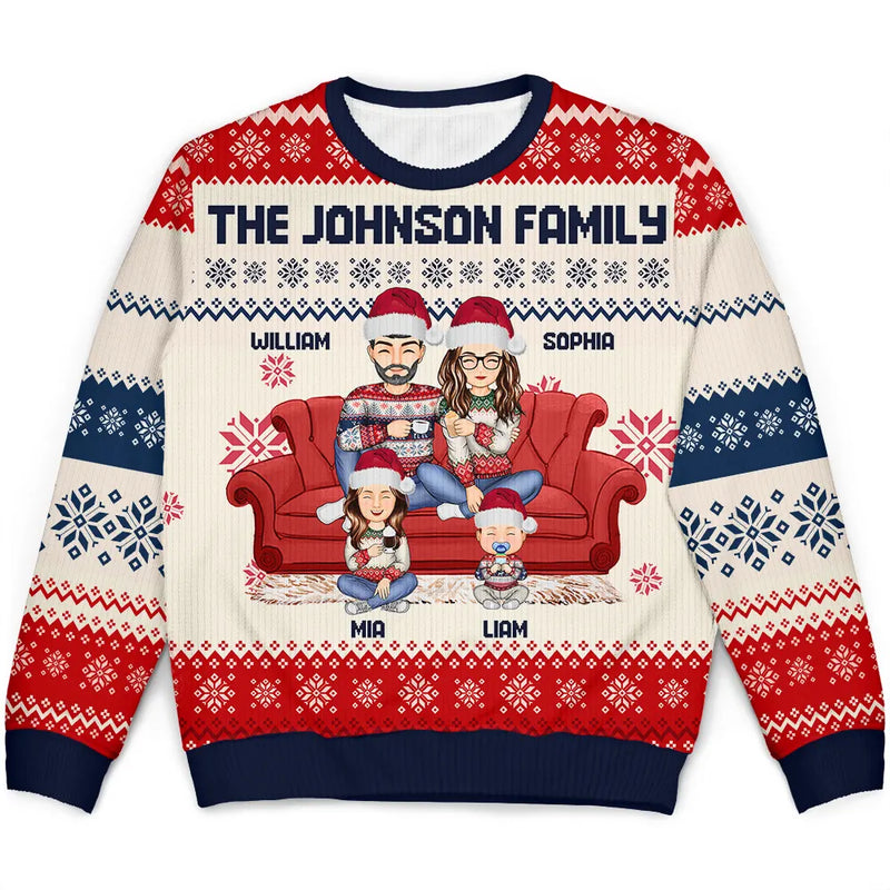 Cartoon Couple With Kids And Pets - Personalized Custom Ugly Sweater - Gift For Family Members, Husband, Wife