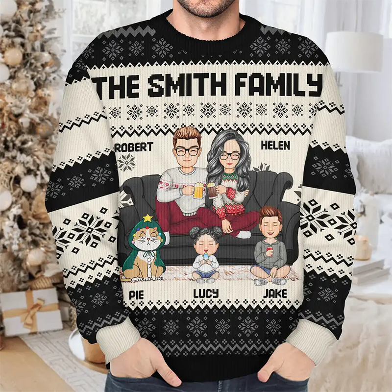 Cartoon Couple With Kids And Pets - Personalized Custom Ugly Sweater - Gift For Family Members, Husband, Wife