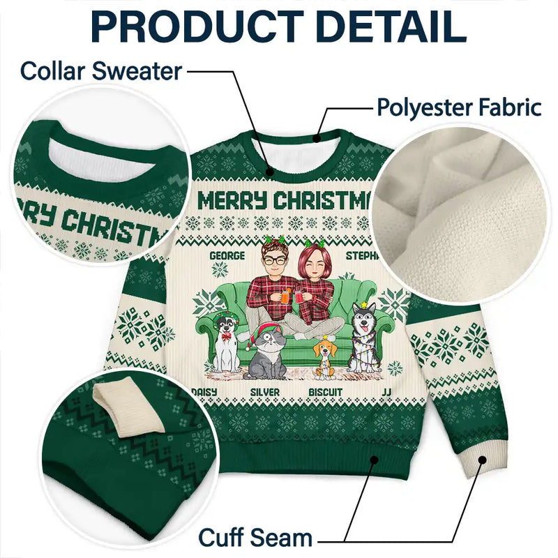 Personalized Cartoon Couple With Kids And Pets ugly Christmas sweater, alternate view 3