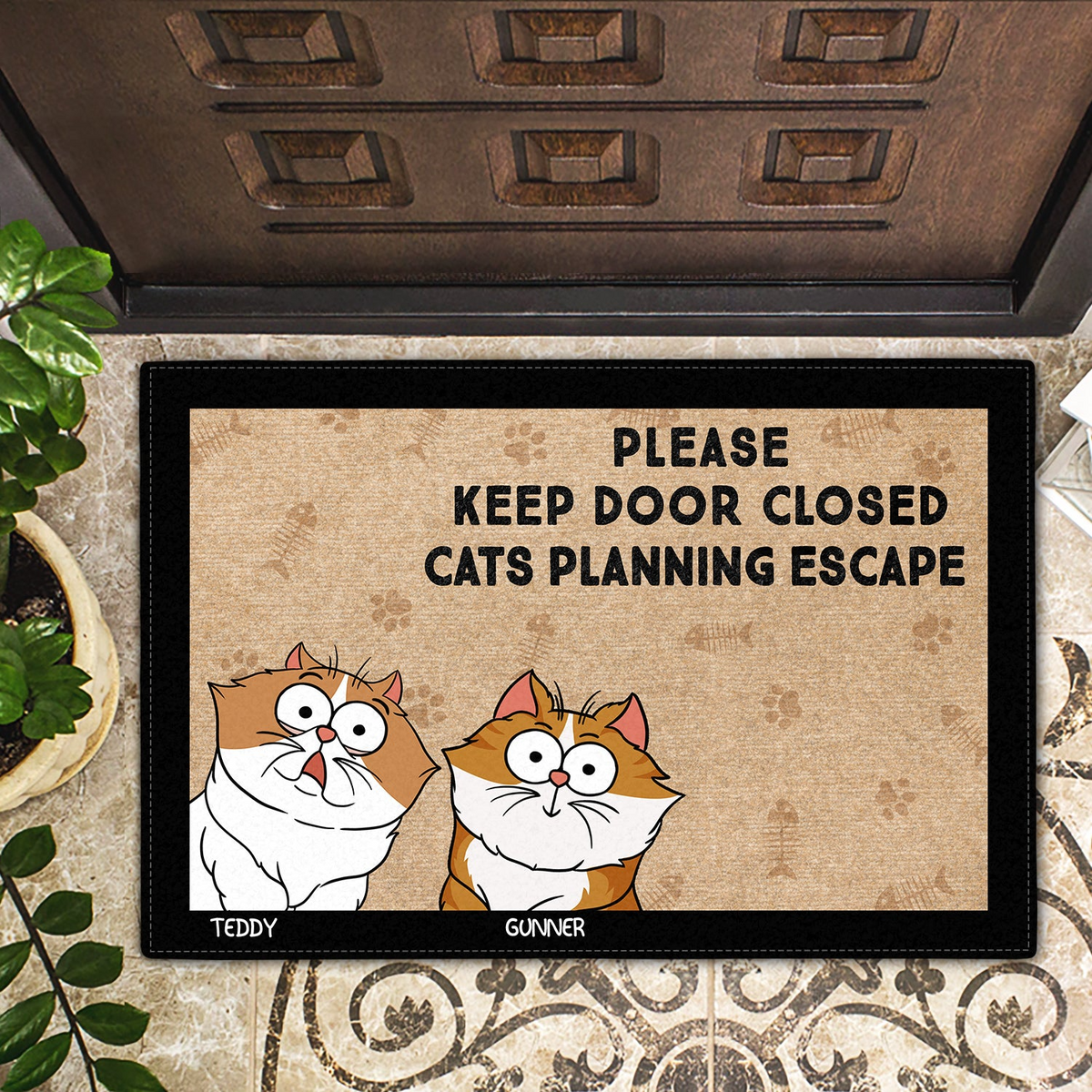 Cartoon Pets Planning Escape - Personalized Doormat - Personalized Gift for Dog/Cat Lovers, Dog/Cat Mom, Dog/Cat Dad, Pet Lovers