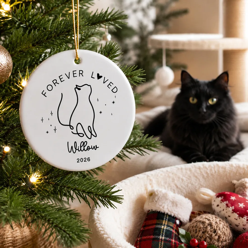 Custom Name Cat Memorial Christmas - Personalized Circle Ceramic Ornament - Cat Loss, Cat Memorial, Cat Sympathy Gift