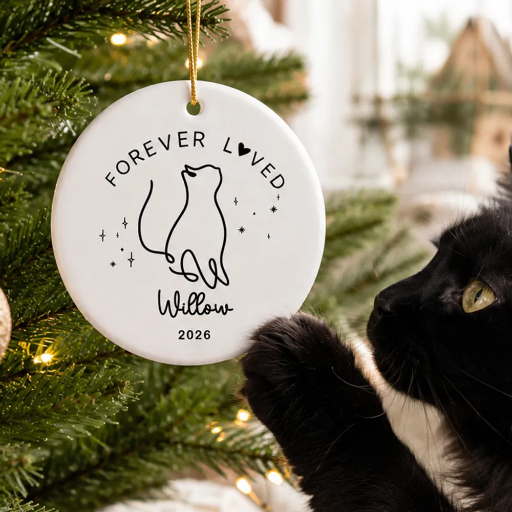 Custom Name Cat Memorial Christmas - Personalized Circle Ceramic Ornament - Cat Loss, Cat Memorial, Cat Sympathy Gift