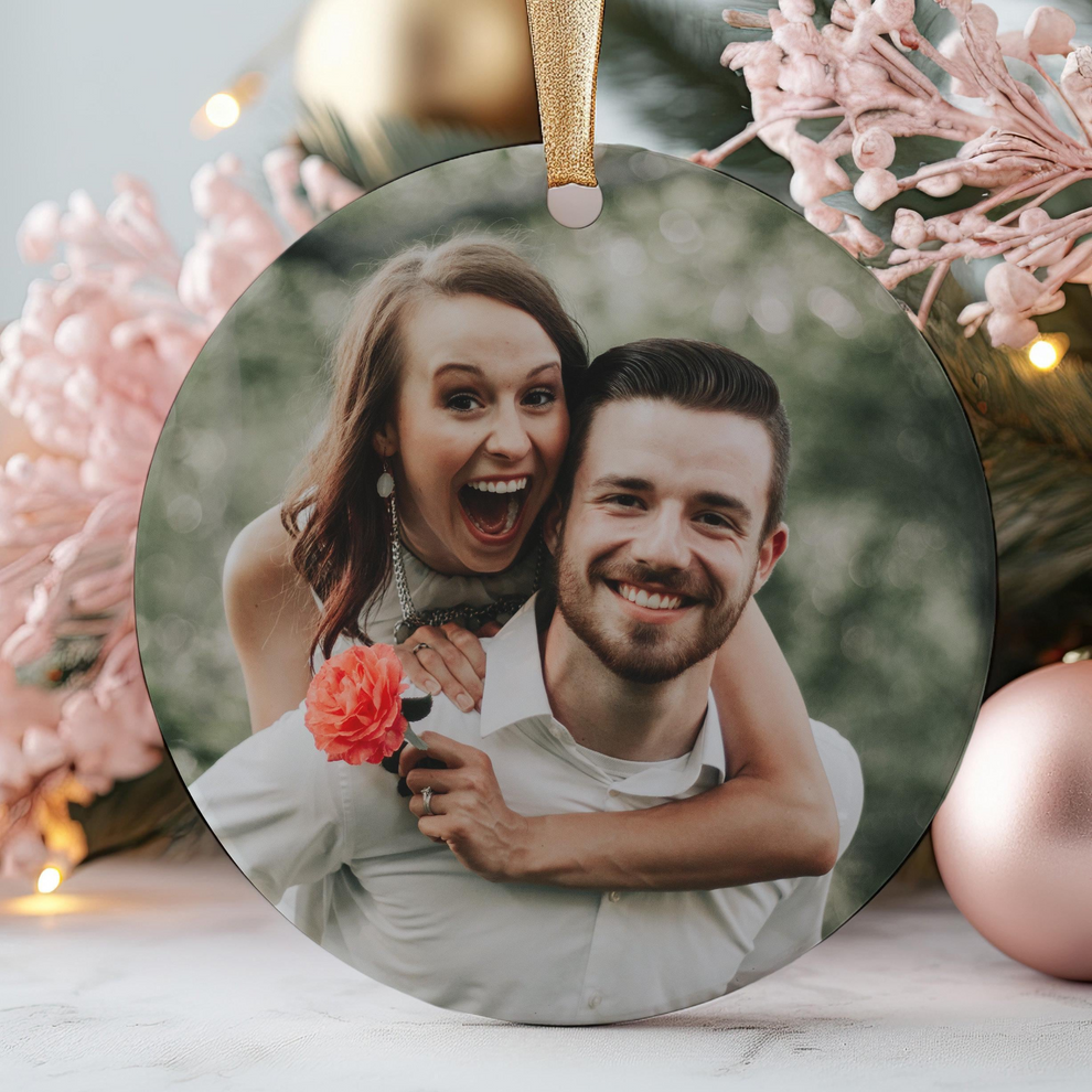 Custom Photo Couple Christmas Ornament circle ceramic ornament, main view