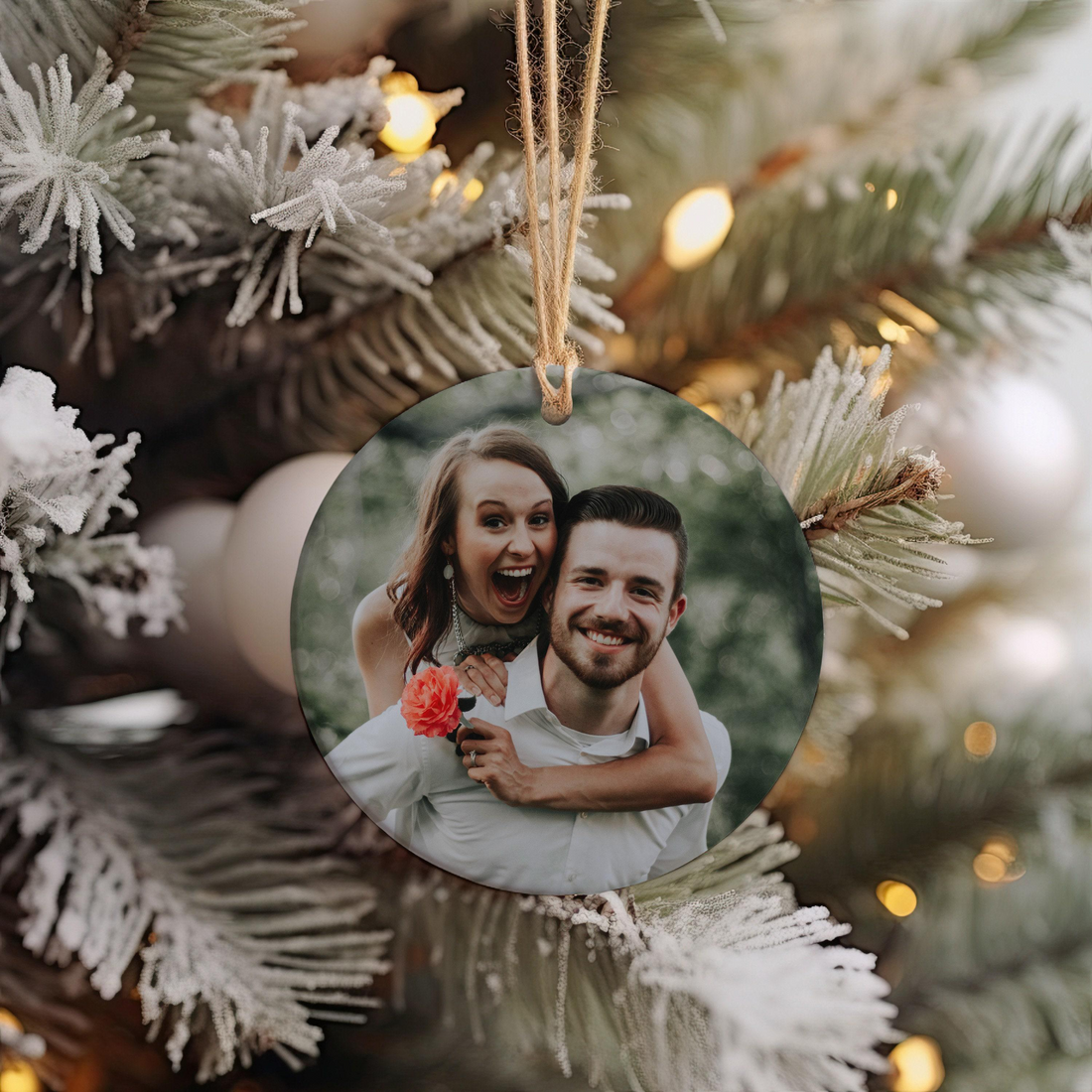 Custom Photo Couple Christmas Ornament circle ceramic ornament, alternate view 2