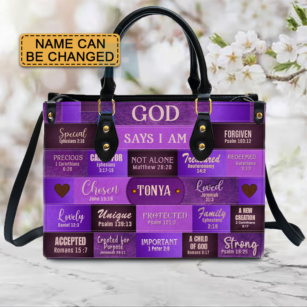 Personalized Christianartbag God Says I Am leather handbag, front view with name options