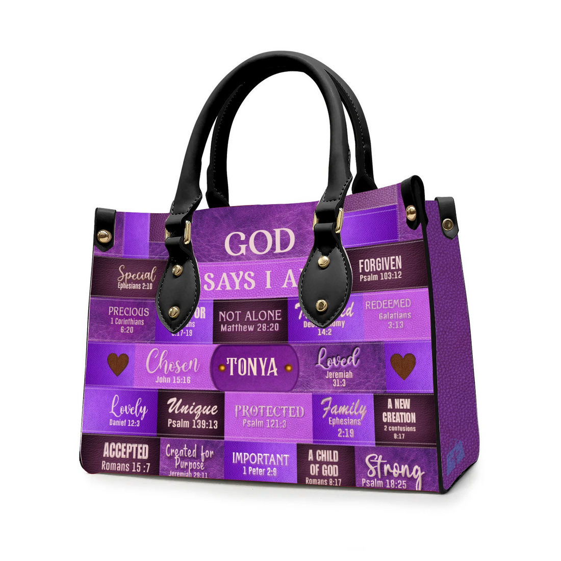 Personalized Christianartbag God Says I Am leather handbag, front view