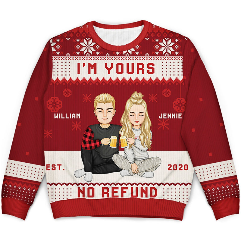 Personalized Christmas Couples I'm Yours No Refund ugly Christmas sweater, main view