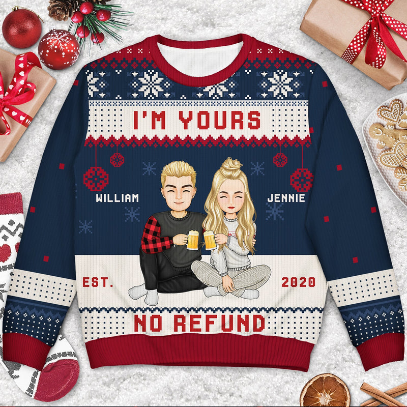 Personalized Christmas Couples I'm Yours No Refund ugly Christmas sweater, alternate view 2