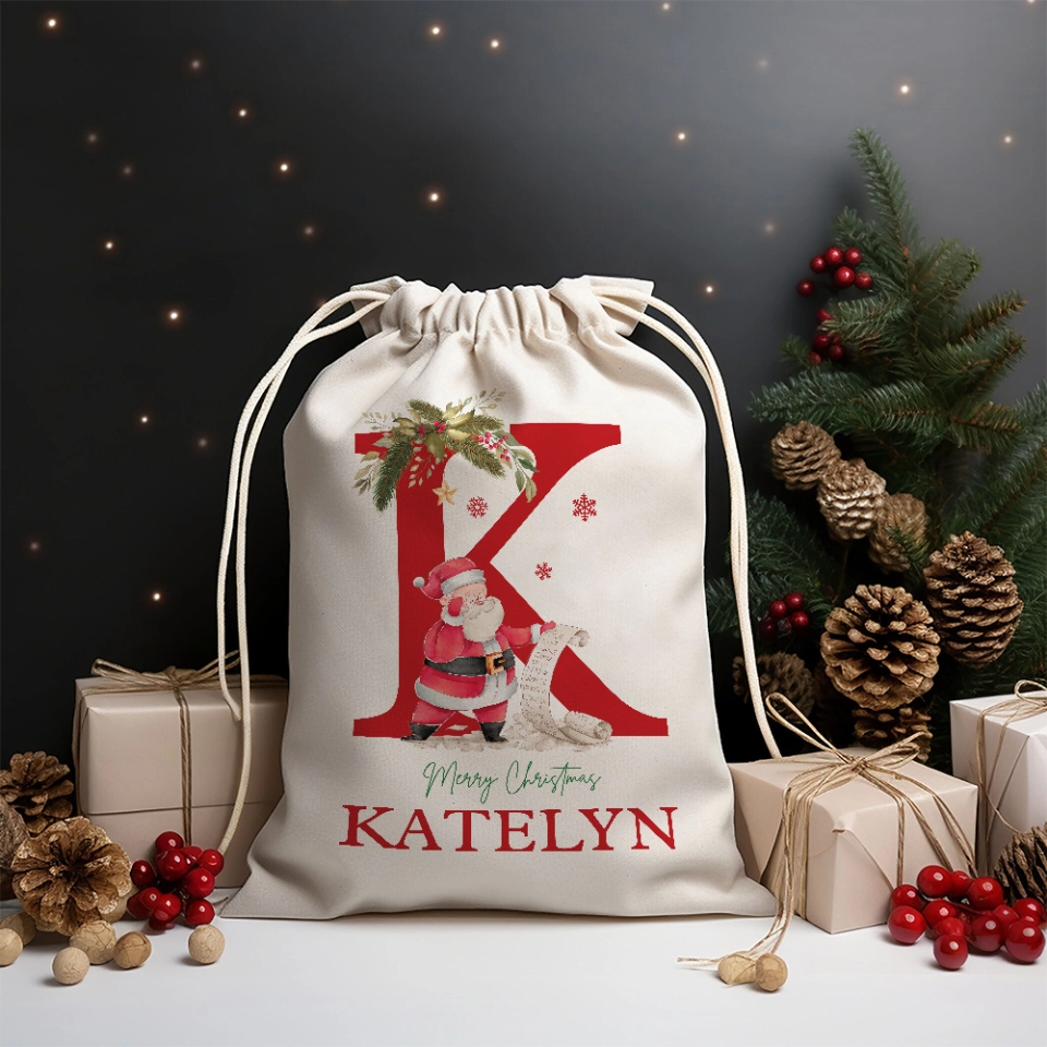 Custom Name & Initial Santa Santa Gift Bag - Personalized Santa Sack - Christmas Gift For Family, Kids, Grandkids