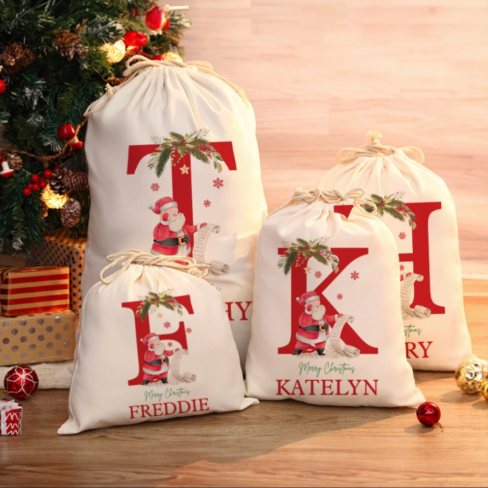 Custom Name & Initial Santa Santa Gift Bag - Personalized Santa Sack - Christmas Gift For Family, Kids, Grandkids