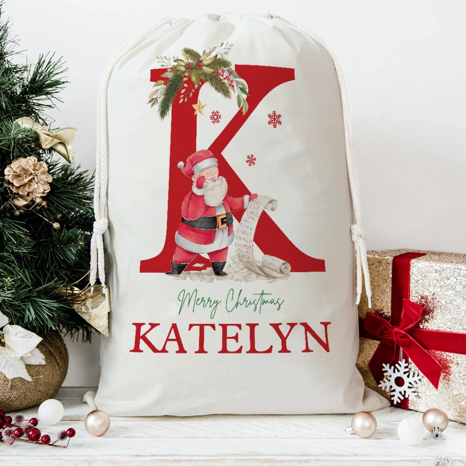 Custom Name & Initial Santa Santa Gift Bag - Personalized Santa Sack - Christmas Gift For Family, Kids, Grandkids