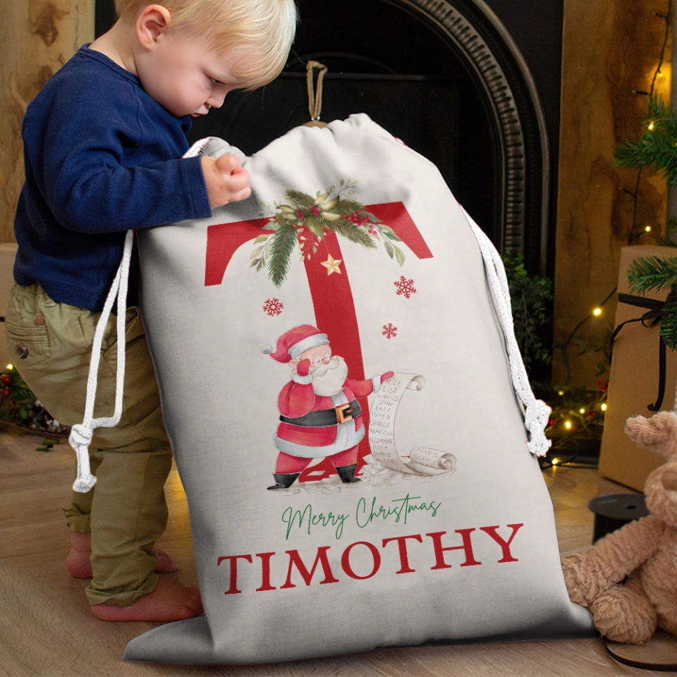 Custom Name & Initial Santa Santa Gift Bag - Personalized Santa Sack - Christmas Gift For Family, Kids, Grandkids