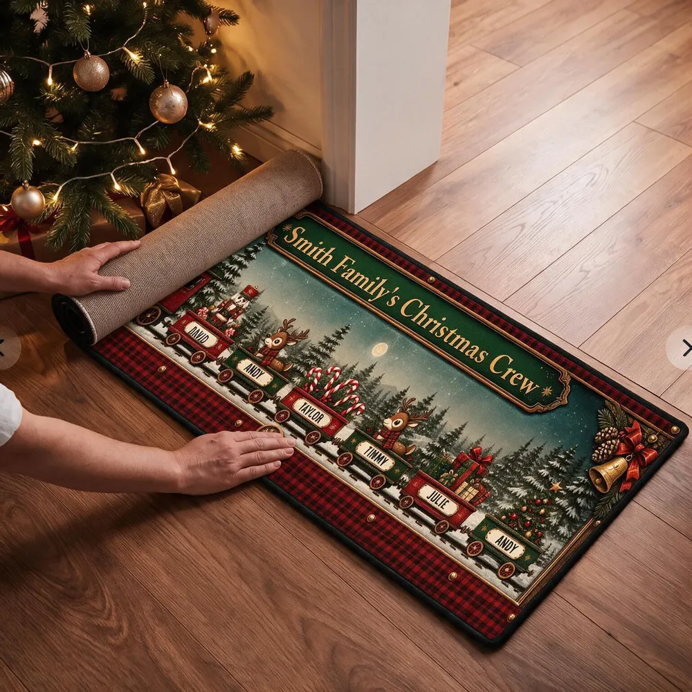 Christmas Train Family - Personalized Runner Rug - Christmas Gifts For Family, Grandma, Grandpa, Mom, Dad, Brother, Sister