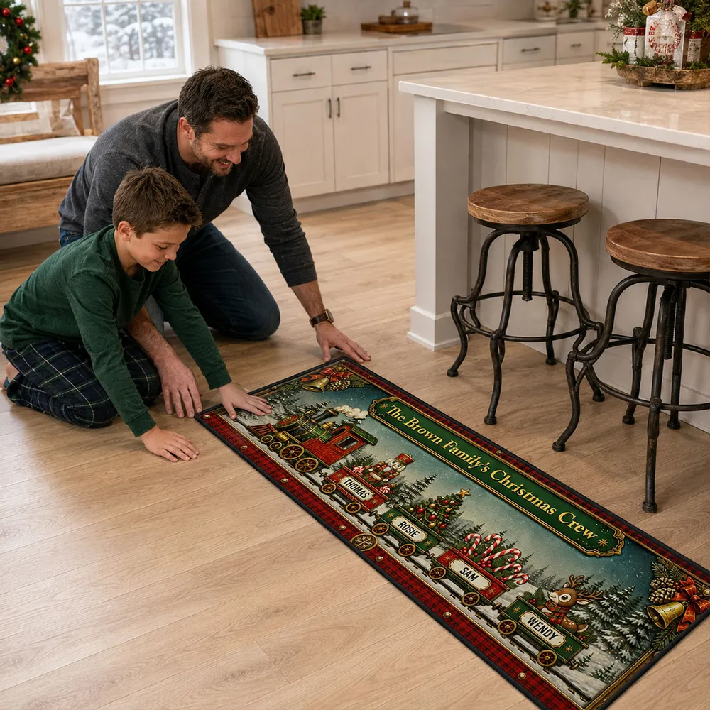 Christmas Train Family - Personalized Runner Rug - Christmas Gifts For Family, Grandma, Grandpa, Mom, Dad, Brother, Sister
