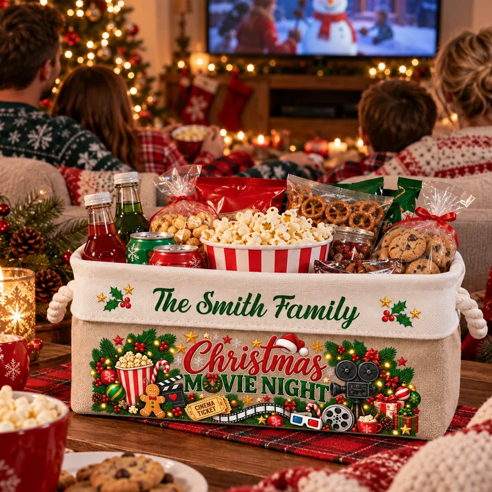 Christmas Movie Night Basket - Personalized Storage Basket - Christmas Gift For Family, Mom, Dad, Brothers, Sisters