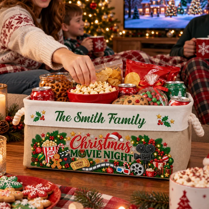 Christmas Movie Night Basket - Personalized Storage Basket - Christmas Gift For Family, Mom, Dad, Brothers, Sisters