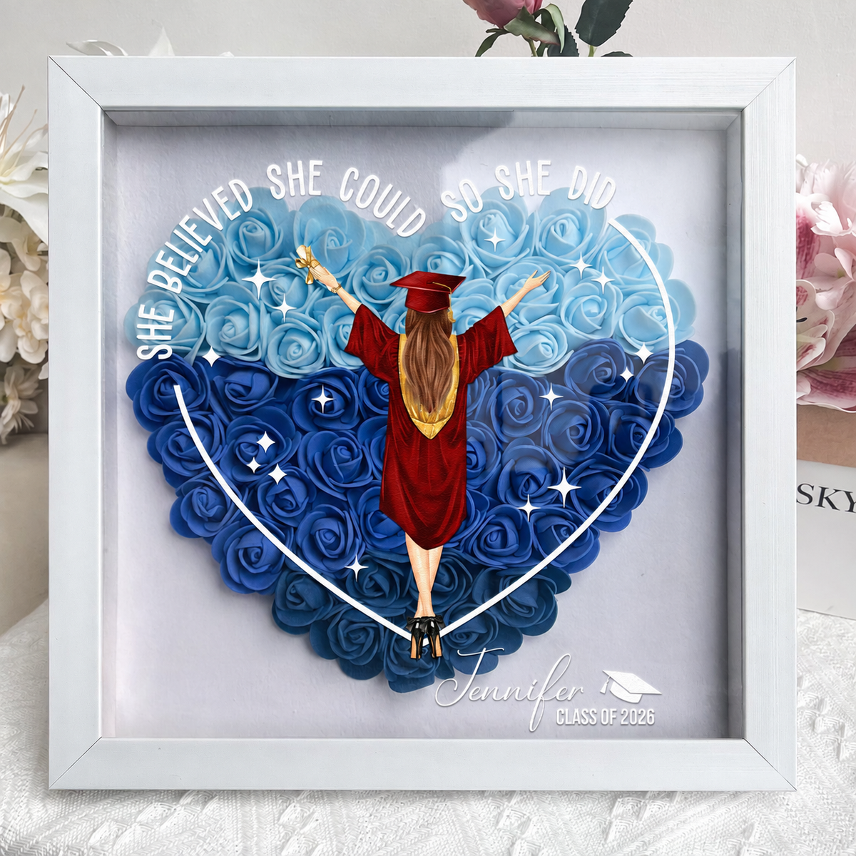 Class Of 2026 She Believed She Could So She Did - Personalized Flower Shadow Box - Gift For Her, Daughter, Grad Ceremony, Commencement