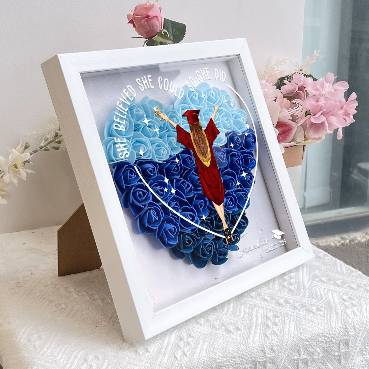 Class Of 2025 She Believed She Could So She Did - Personalized Flower Shadow Box - Gift For Her, Daughter, Grad Ceremony, Commencement