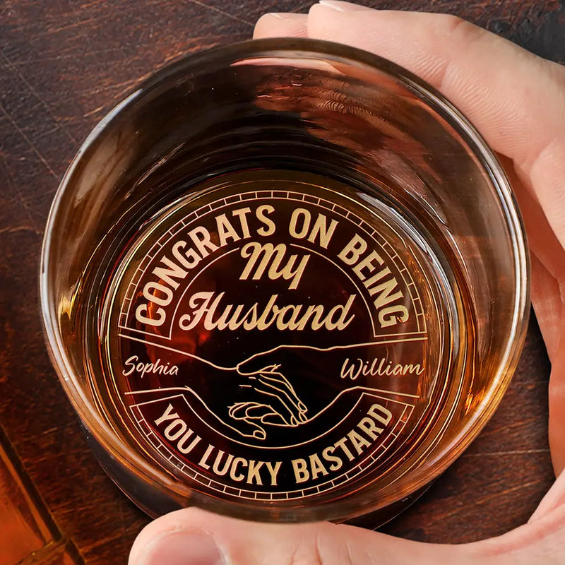 Personalized Couple Congrats On Being My Husband engraved whiskey glass, main view