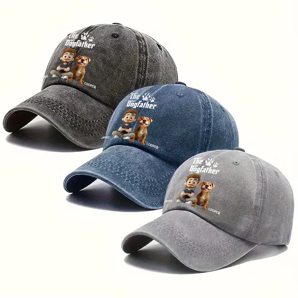 Cool Dog Father - Personalized Custom Vintage Washed Denim Cap - Gift for Him, Husband, Daddy, Father's Day