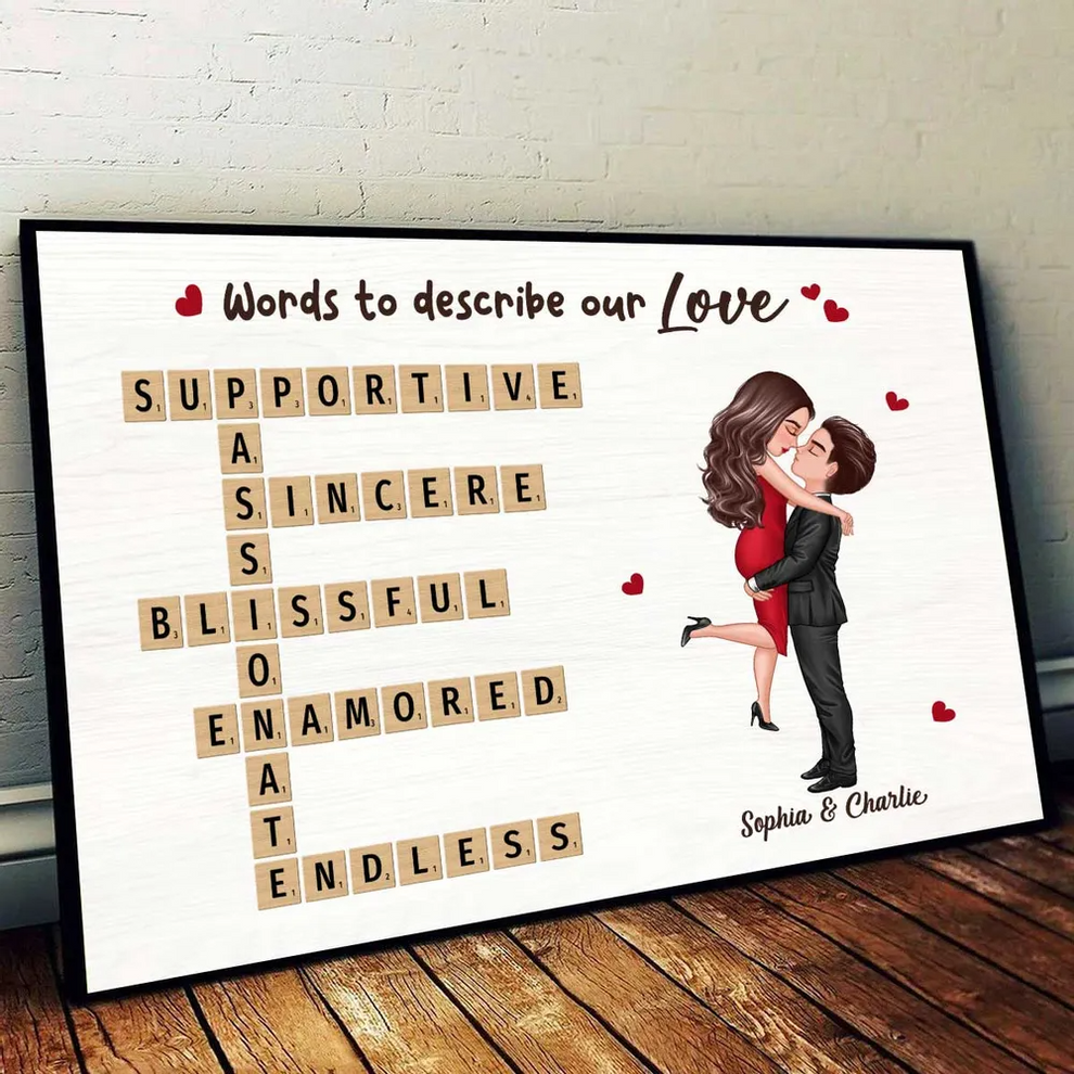 Personalized Coupe Hugging Kissing Crossword Puzzle poster, leaning against a wall on a wooden floor