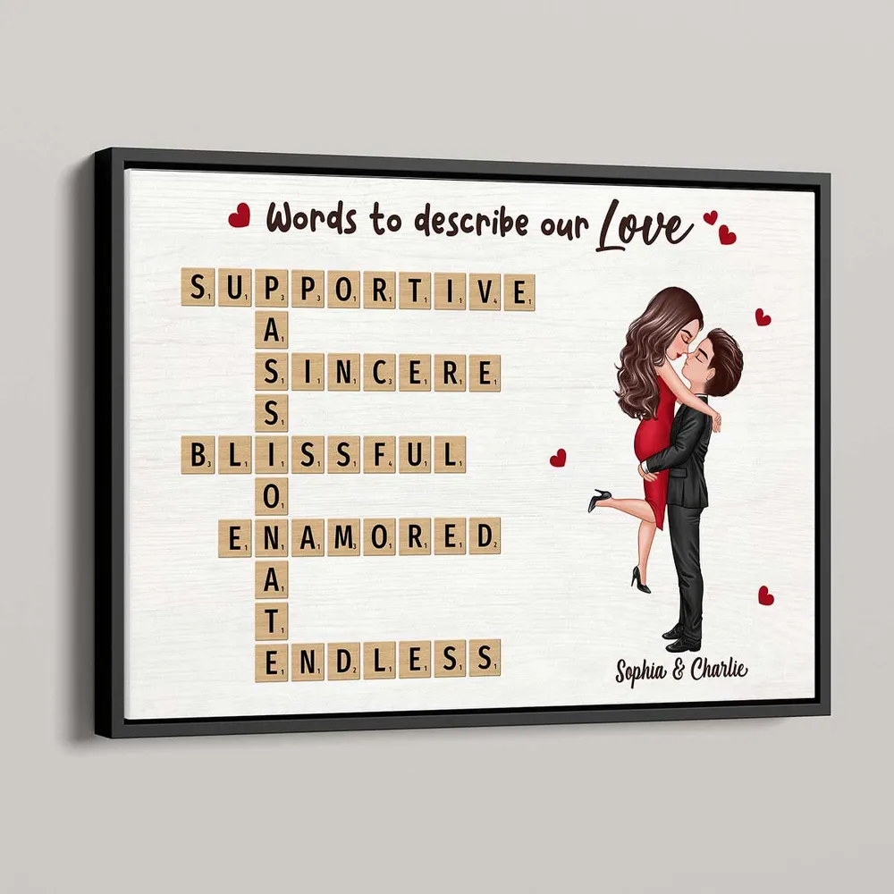 Personalized Coupe Hugging Kissing Crossword Puzzle poster, framed in a bright living room