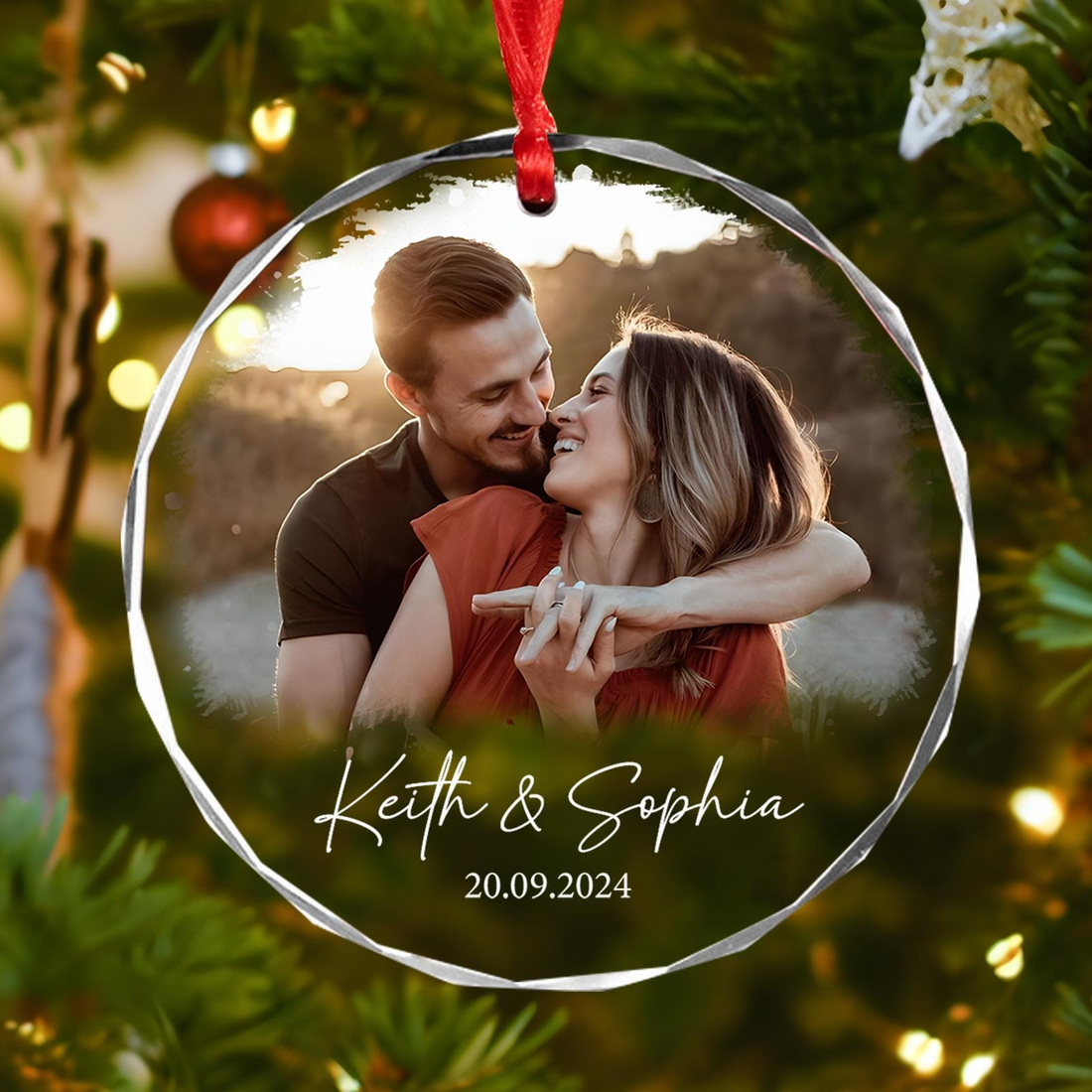 Custom Photo Couple Keepsake Ornament personalized circle glass ornament, alternate view 2