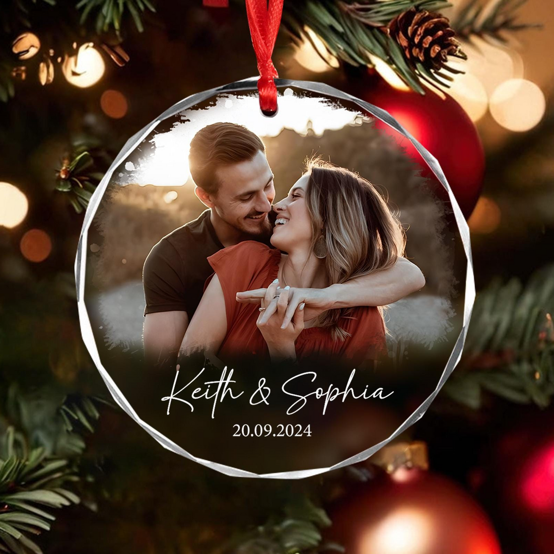 Custom Photo Couple Keepsake Ornament personalized circle glass ornament, alternate view 3