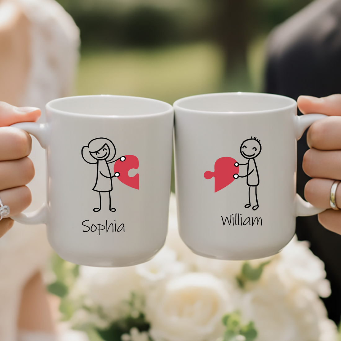 Matching Heart Puzzle Couple Mugs: Personalized Stick Figure Mug Set, alternate view 5