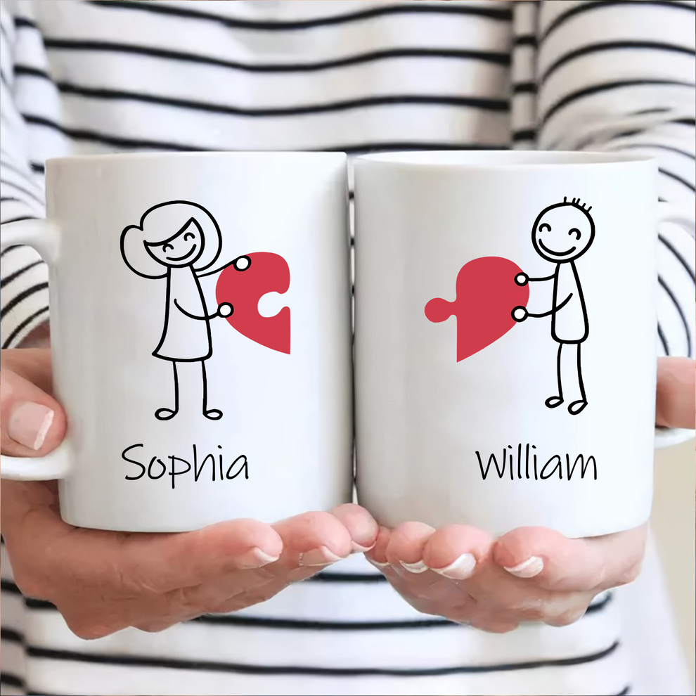 Matching Heart Puzzle Couple Mugs: Personalized Stick Figure Mug Set, main view