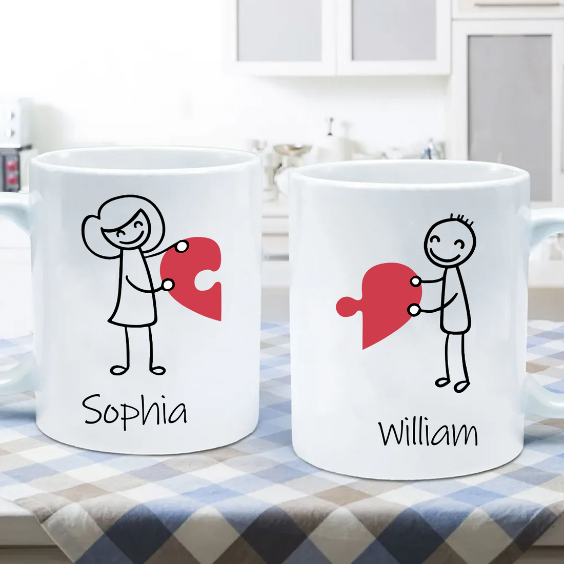 Matching Heart Puzzle Couple Mugs: Personalized Stick Figure Mug Set, alternate view 3