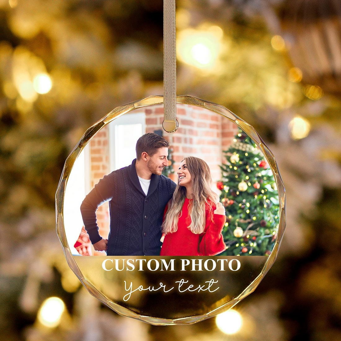 Custom Photo Couple Ornament circle glass ornament, alternate view 2