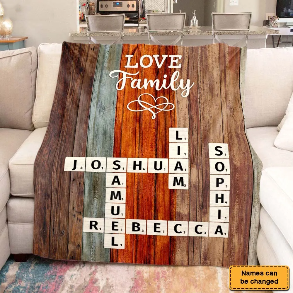 Personalized Created In A Moment, Treasured Forever Family Crossword Art fleece blanket, spread across a bed