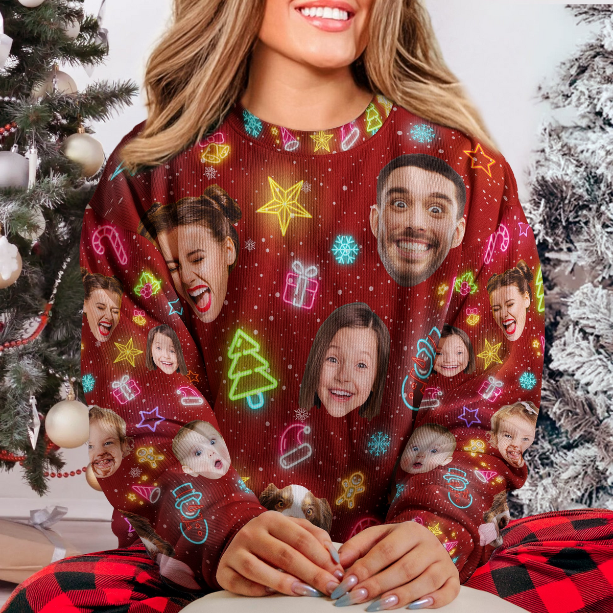 Custom Photo Funny Light Up Christmas - Personalized Custom Ugly Sweater - Gift For Family Members