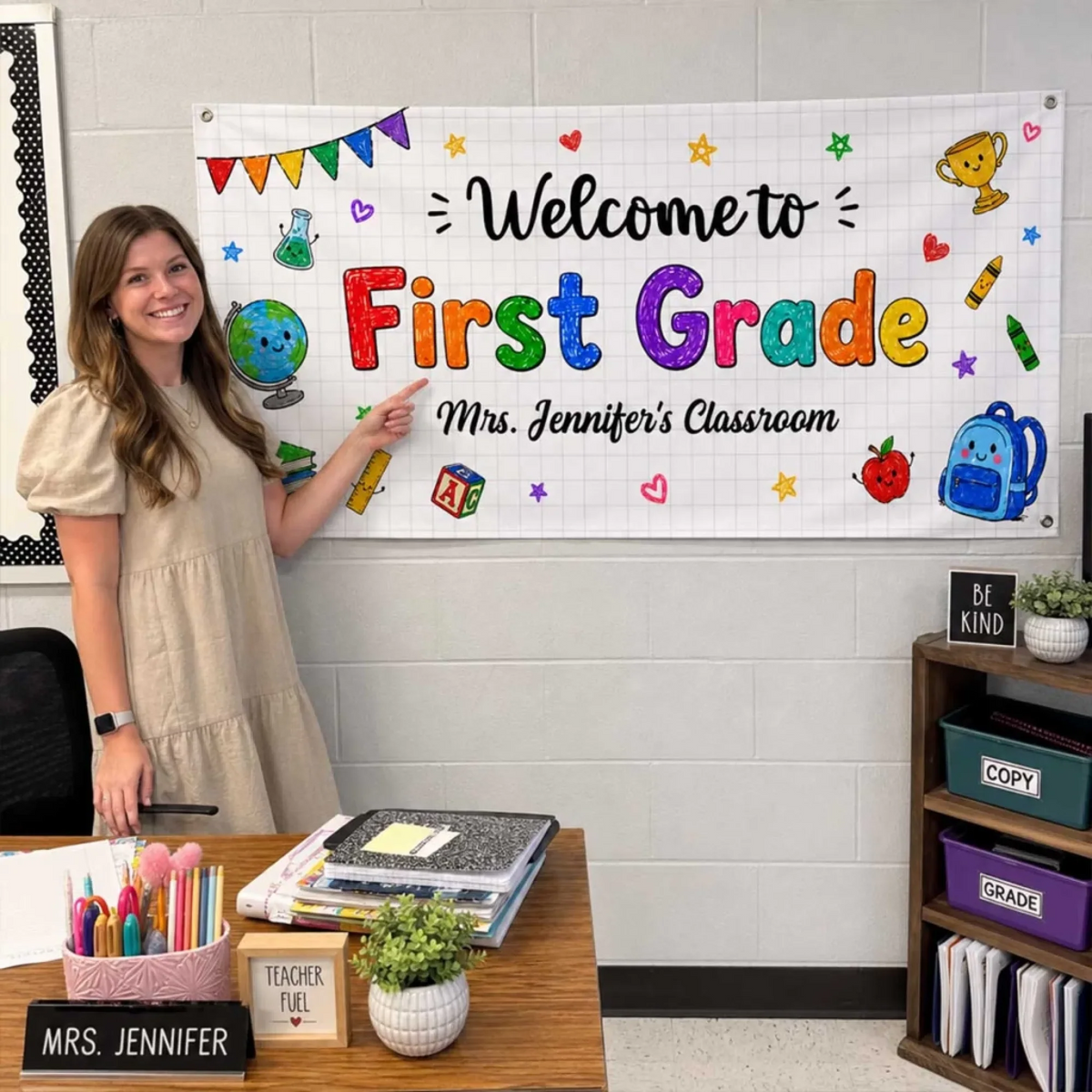 Classroom Decor Teaching With Heart - Personalized Polyester Outdoor Banner - Back To School Gift For Teacher, Educator