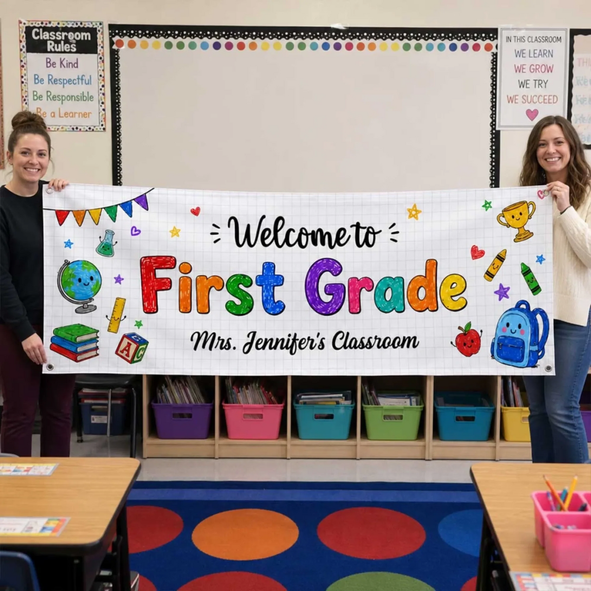 Classroom Decor Teaching With Heart - Personalized Polyester Outdoor Banner - Back To School Gift For Teacher, Educator