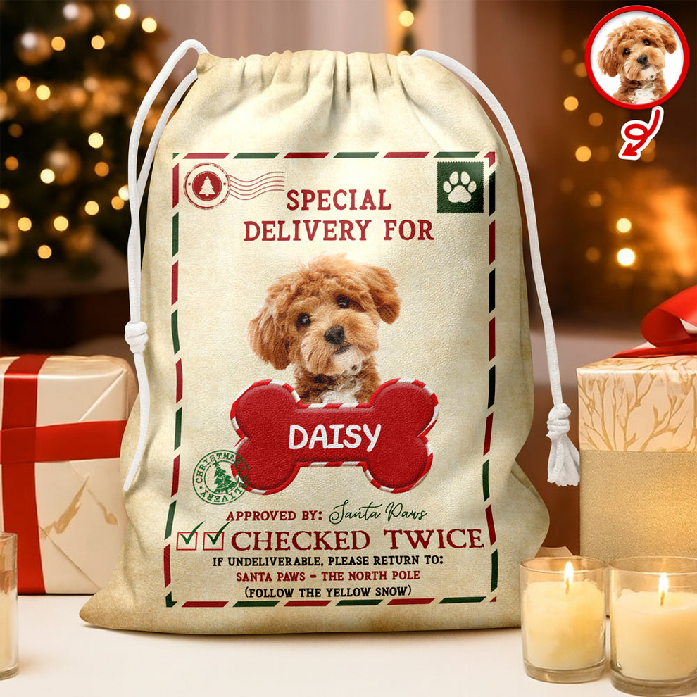 Custom Photo Special Delivery Dog - Personalized Santa Sack - Christmas Gift for Dog Lovers, Cat Lovers, Pet Lovers
