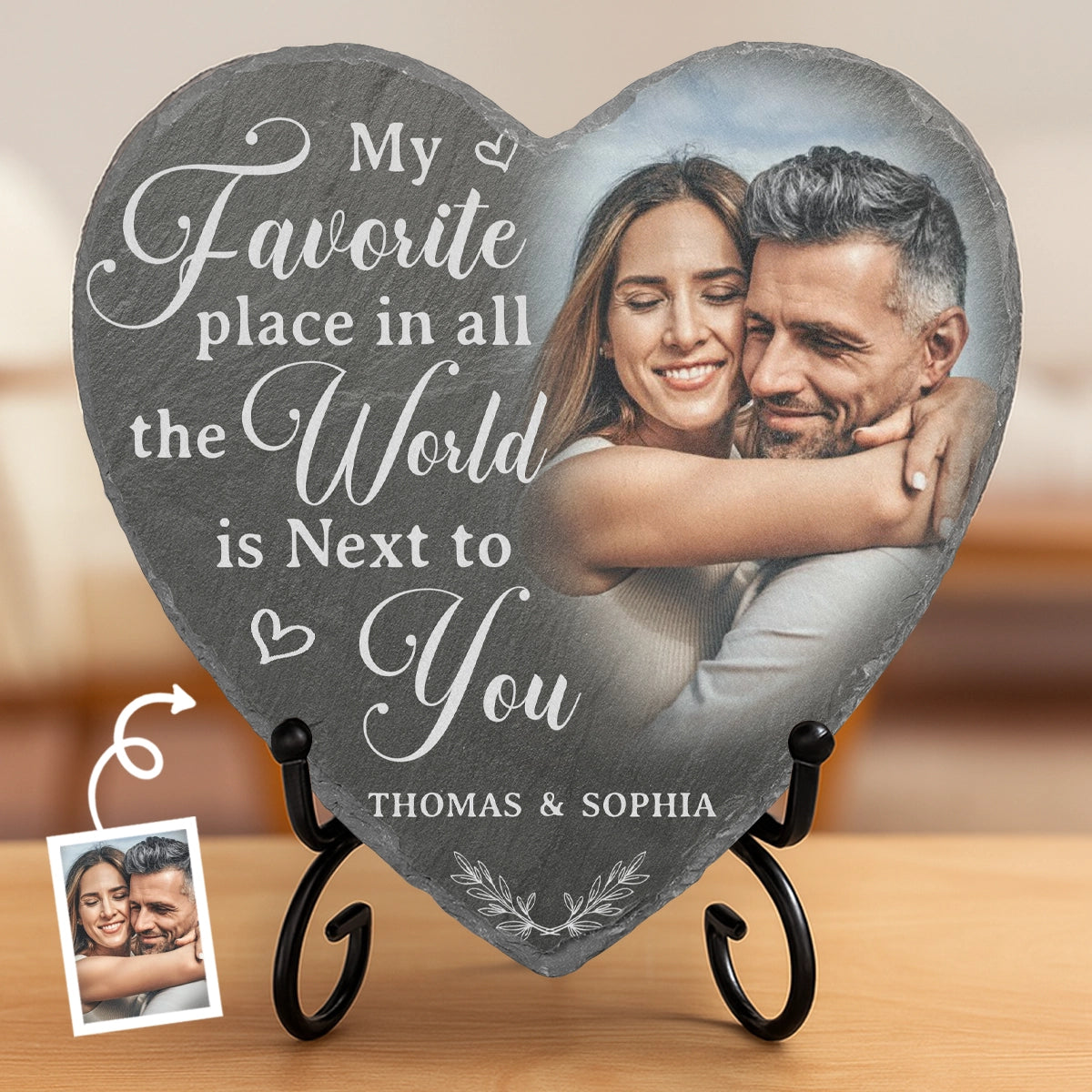 Custom Photo My Favorite Place In All The World Is Next To You - Personalized Heart Shaped Stone - Gift For Her/Him, Husband/Wife, Couples on Anniversary, Valentine's Day