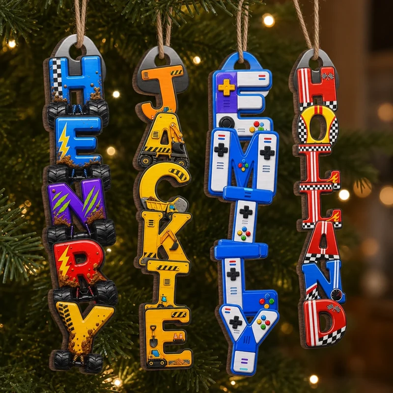 Custom Letter Level Up Your Daily Fun - Personalized Wood Ornament - Christmas Gifts For Mom, Dad, Brother, Sister, Kids, Sports Fans, Sports Lovers