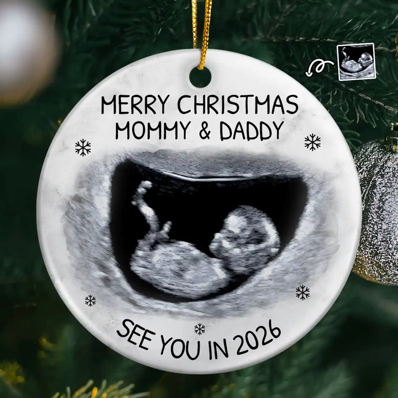 Custom Photo Baby Expecting See You In 2026 personalized circle ceramic ornament, main view