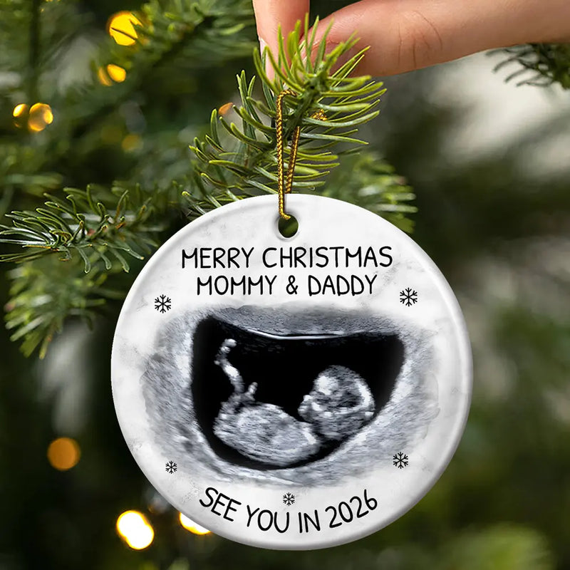 Custom Photo Baby Expecting See You In 2026 personalized circle ceramic ornament, alternate view 3