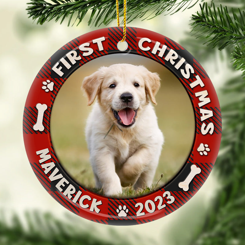 Custom Photo First Christmas Dog & Cat - Personalized Circle Ceramic Ornament - Christmas Gift for Dog Lovers, Cat Lovers, Pet Lovers